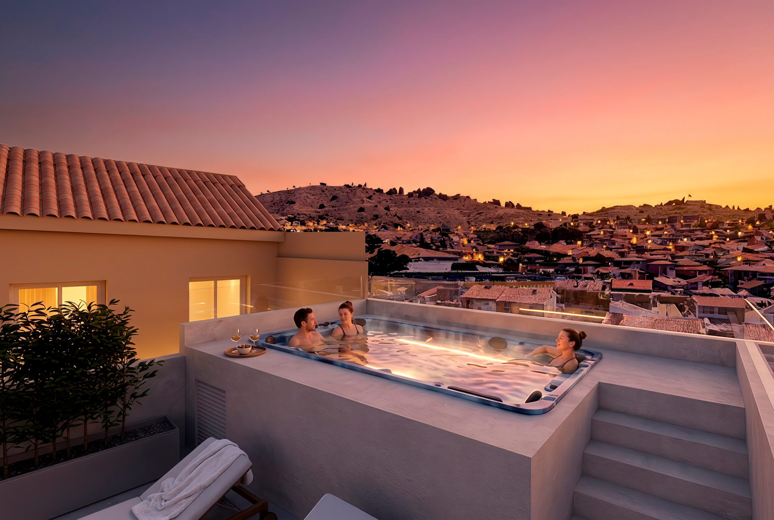 Jacuzzi en cubierta, atardecer
