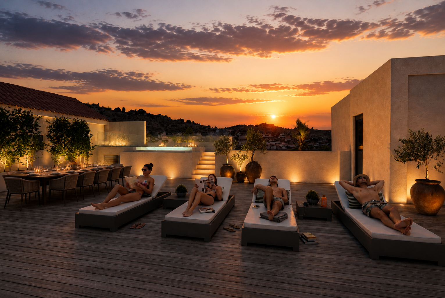 Terraza comunitaria, atardecer